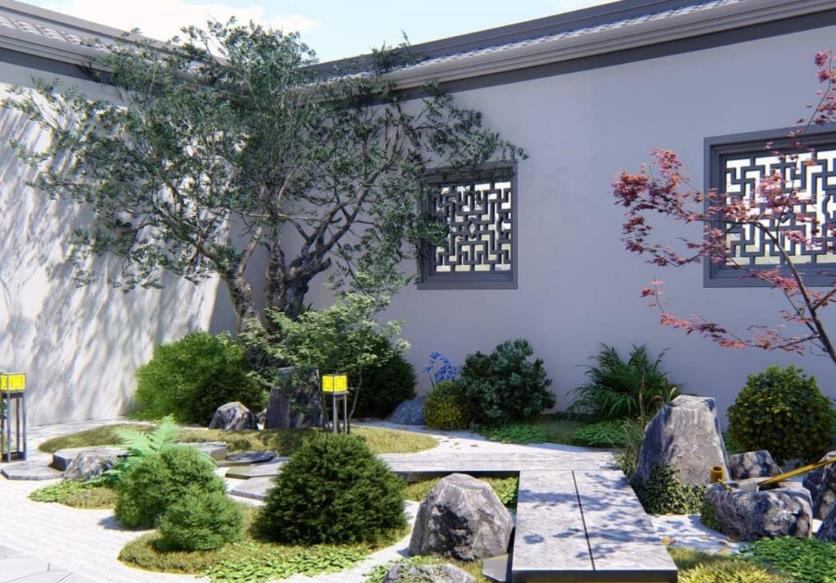 中式庭院绿化配置通常包括哪些植物：乔木，灌木，花卉及草坪